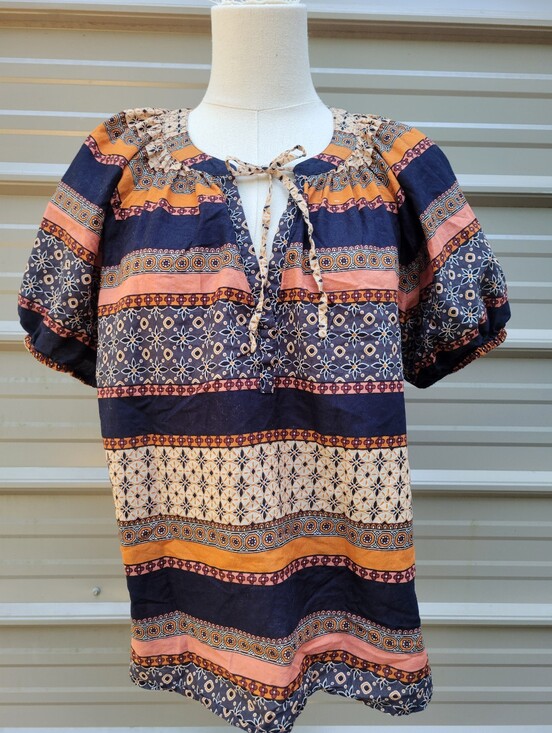 LOFT Tops - LOFT Navy Blue, Orange & Cream Patterned Peasant Blouse